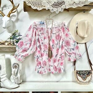 Off the shoulder boho floral semi sheer w shabby chic resort vacay vibe